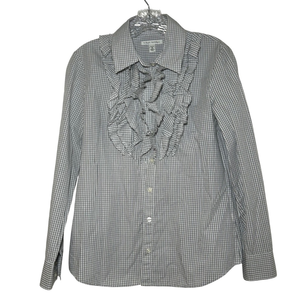 Banana Republic Grey White Check Ruffle Front Cotton Button Down Shirt Petite M